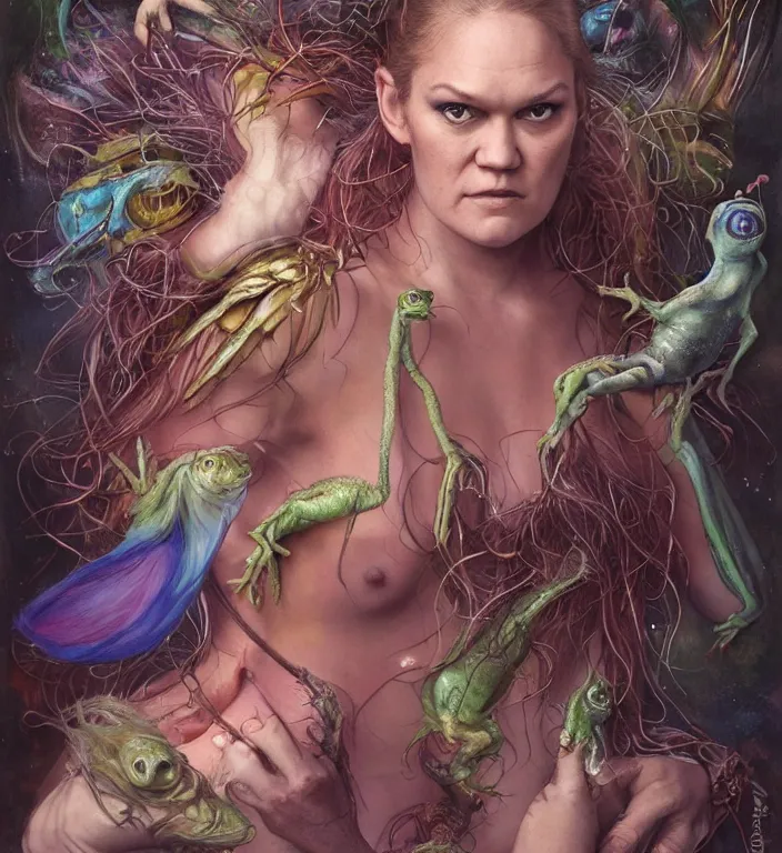 Prompt: a portrait photograph of julia stiles as a colorful harpy super hero with mutated slimy wet skin. she is trying on a amphibian creature suit and transforming into a feathered alien beast. by tom bagshaw, donato giancola, hans holbein, walton ford, gaston bussiere, peter mohrbacher and brian froud. 8 k, cgsociety