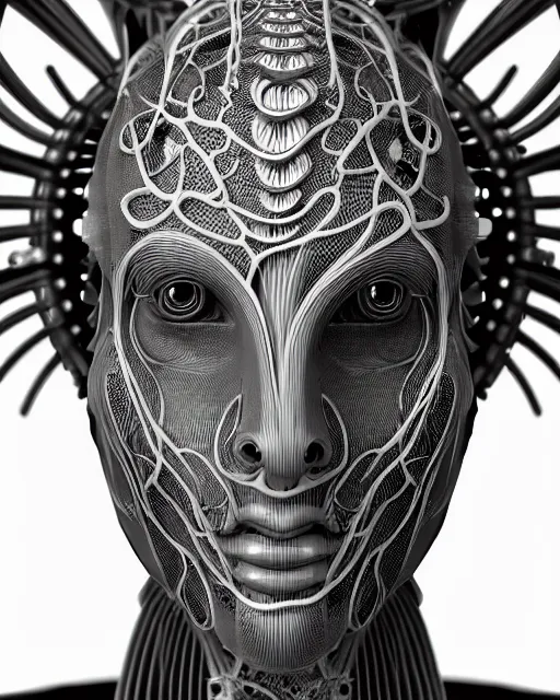 Prompt: mythical black and white organic biomechanical spinal ribbed face portrait detail of mechanical female vegetal-cyborg, highly detailed, intricate ornate, 3D render digital art, octane render, 8K artistic photography, photorealistic