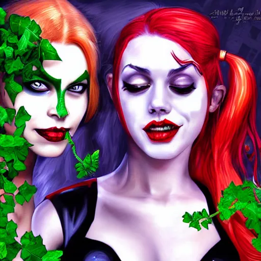 Prompt: harley quinn and poison ivy romance, hyper detailed masterpiece, digital art painting, realism aesthetic