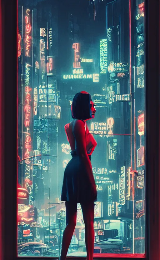 Image similar to vertical movie frame portrait of girl in 5 0's retro restaurant interior, neon - decorated urban on night in the city seen through the window, modern interior design, architectural design, vintage, night blade runner, dark, postapocalyptic, clean lines, 4 k, octane, lunarcore city at distance, big windows, octane, wide angle