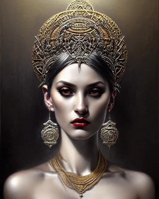 Image similar to portrait of a beautiful goddess, enigmatic beauty, dominant shades of grey, gold, silver, dark red, white, head in focus, fantasy art, ornamental aesthetics, intricate, elegant, highly detailed, hyperrealistic painting, artstation, concept art, painterly, sharp focus, illustration, art by karol bak