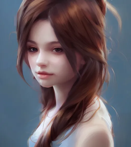 Image similar to portrait of a young cute beautiful short female with brown hair and big brown eyes artwork by WLOP, Ross Tran, artstation