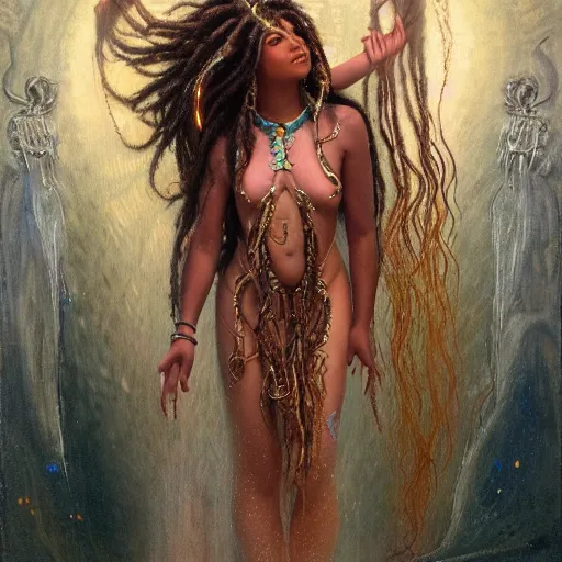 Image similar to birth of mami wata, sumerian goddess inanna ishtar, ashteroth, techno mystic goddess princess intergalactica, with aqua neon rapunzel dreadlocks, mami wata, detailed, by gaston bussiere, bayard wu, greg rutkowski, giger, maxim verehin, greg rutkowski, masterpiece, sharp focus,