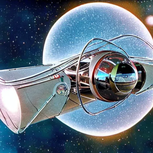 Prompt: the trimaxion drone ship from flight of the navigator traveling through the multiverse,