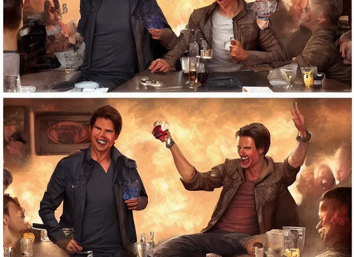 Image similar to hyper realistic tom cruise hanging out with tom cruise at a bar, all overly excited, jaw unhinged with laughter and smiling, all teeth, by greg rutkowski, scott m fischer, artgerm, loish, slight glow, atmospheric, anne stokes, alexandros pyromallis