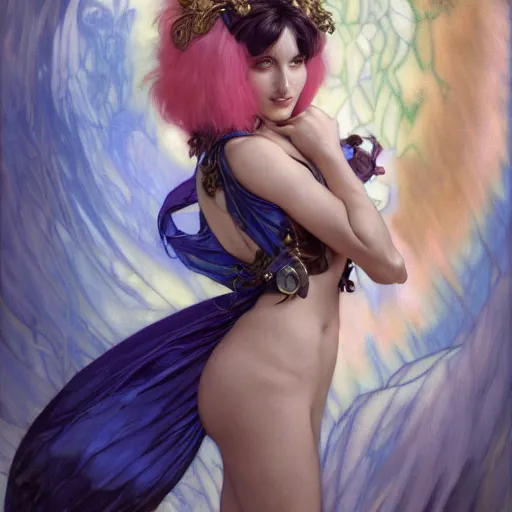 Image similar to Morrigan from Darkstalkers drawn by Donato Giancola and Tom Bagshaw, face by Artgerm, overall design by Alphonse Mucha, background by James Jean and Gustav Klimt, light by Julie Bell, 4k, porcelain skin, komorebi, french nouveau, trending on artstation, octane render, hyperrealistic