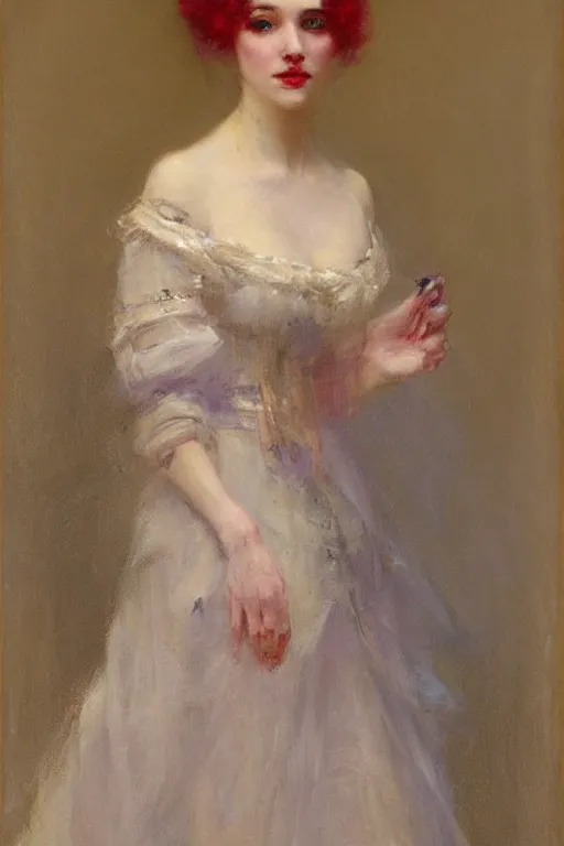 Image similar to Solomon Joseph Solomon and Richard Schmid and Jeremy Lipking victorian genre painting full length portrait painting of a young beautiful woman french courtesan in fantasy costume, red background