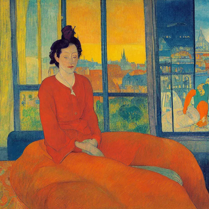 Prompt: close portrait of woman sitting on the bed with orange cat and aloe vera, with city with gothic cathedral seen from a window frame with curtains. sun setting through the clouds, vivid iridescent psychedelic colors. gauguin, agnes pelton, egon schiele, henri de toulouse - lautrec, utamaro, monet