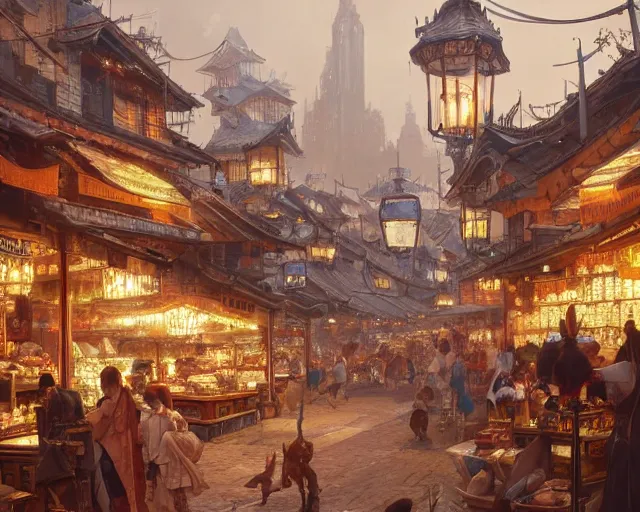 Image similar to bustling marketplace in a great kitsune city, a fantasy digital painting by Greg Rutkowski and James Gurney, trending on Artstation, golden hour, highly detailed