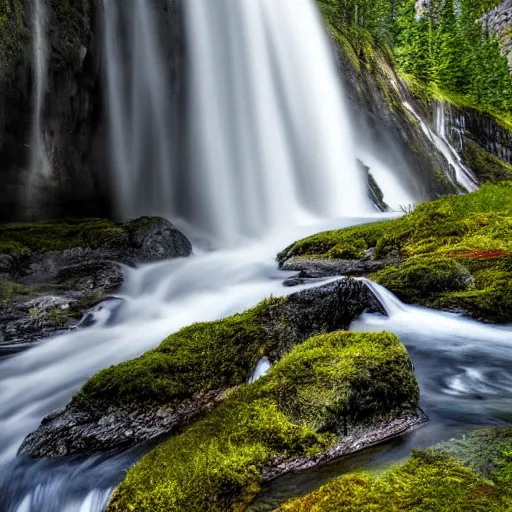 Prompt: walking into a very tall majestic Norwegian waterfall::2 creek, rocks, trout fish, pine and birch trees::1.8 realistic vegetation, realistic material textures, sunny, photorealistic, high speed photography, highly detailed, cinematic lighting, god rays, raytracing reflections, vray render, first person view