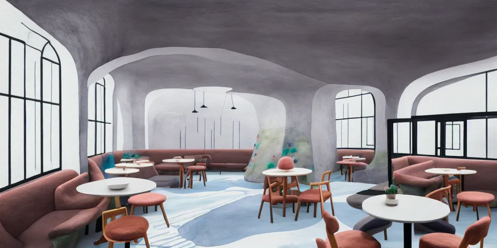 Image similar to an indoor modern cafe, watercolor and wool felting style, design by beeple, isometric style