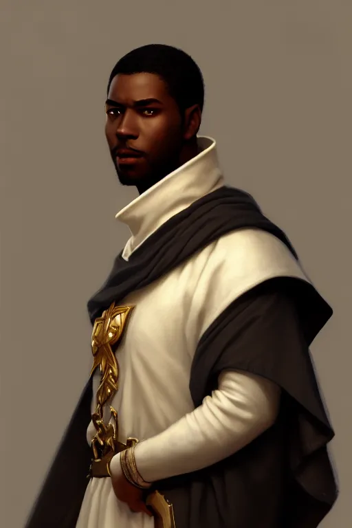 Prompt: a portrait of a black male prince, side profile, white cape, illustration, soft lighting, soft details, dark mood, painting oil on canvas by Edmund Blair Leighton and Charlie Bowater octane render trending on artstation d&d characters, 4k, 8k, HD