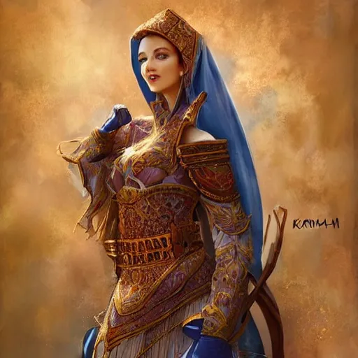 Prompt: a full body beautiful woman rym amari wearing a chedda from tlemcen by karol bak, ayami kojima, artgerm, sakimichan, arabian beauty, blue eyes, smile, concept art, fantasy