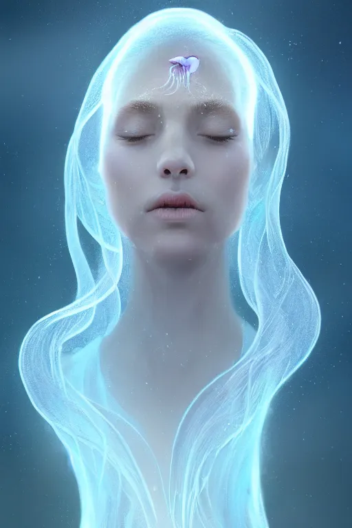 Image similar to Bioluminescent jellyfish, Her breath shot a haze of steam out into the frosty morning air concept, soft light, soft mood, realistic body features and face, illustration,intricate ornament halo, painting oil on canvas by Elena Zhurikhina and Goro Fujita and Charlie Bowater, octane render trending on artstation, 4k, 8k, HD