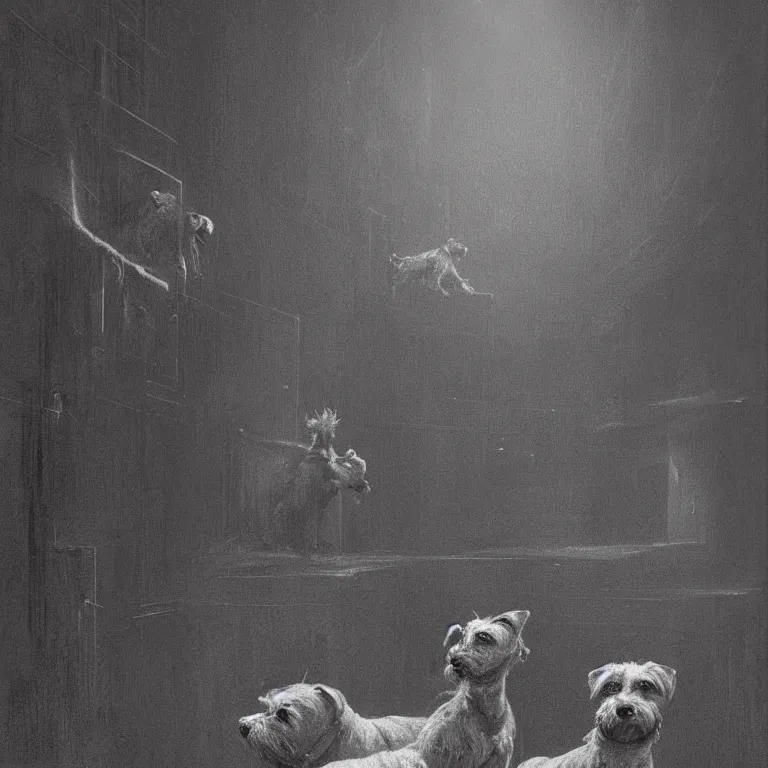 Image similar to two terrier dogs, watching a pop concert at night in a crowded venue, digital art, concept art, trending on artstation, cinematic lighting, giger, beksinski, barlowe