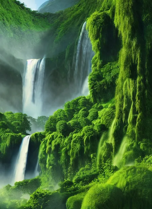 Image similar to a large waterfall in the middle of a green valley, a detailed matte painting by jacob willemszoon de wet, shutterstock contest winner, naturalism, sense of awe, national geographic photo, unreal engine