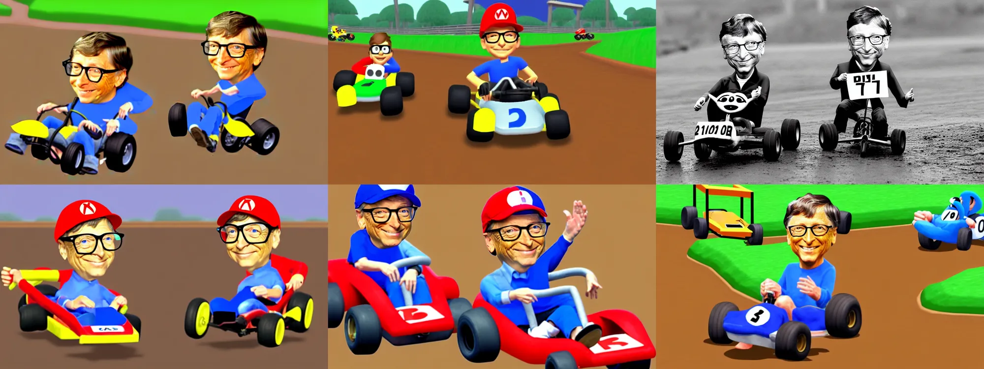 Prompt: Bill Gates as a character in kart double dash. Dirt track, rainy day. Nintendo64