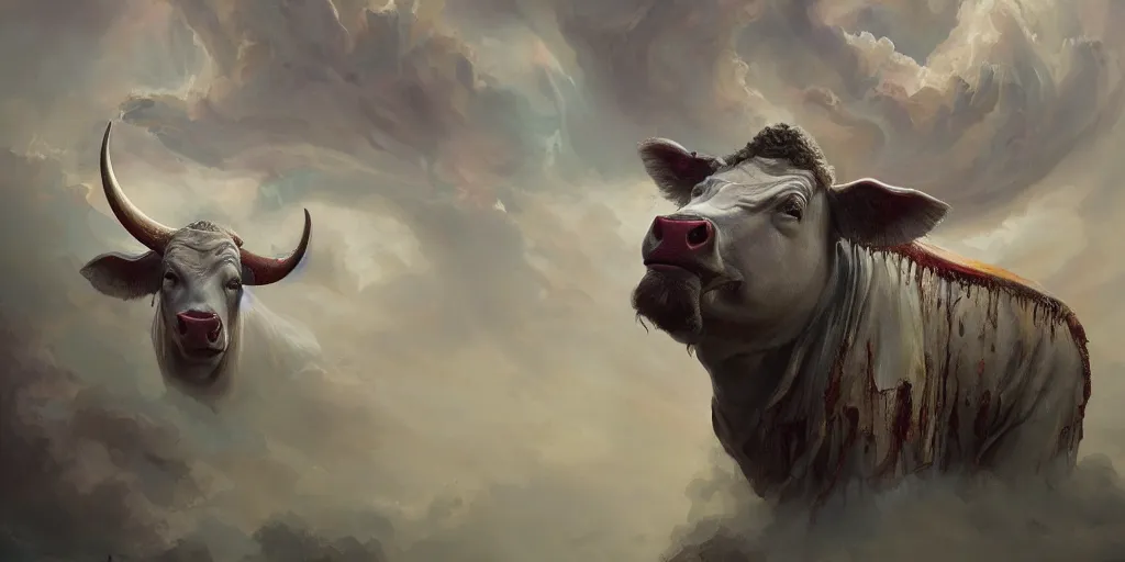 Image similar to sacred cow, ceremonial clouds, dripping paint, fibonacci rhythm, artstation, art germ, wlop, karol bak, christopher balaskas, ross tran