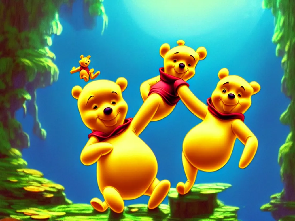 Prompt: the beautiful cartoon animation render a single lovely winnie the pooh wearing paper diapers, pop art, perfect shadow, atmospheric lighting, hyper detailed, underwater world, in the style of makoto shinkai, raphael lacoste louis comfort tiffany, artgerm, karol bak, james jean, ross tran, 8 k hd, fine texture structure, 3 drender