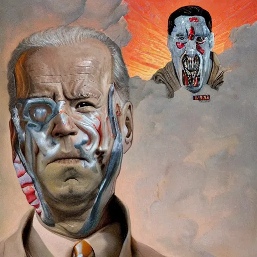 Image similar to terrifying, surreal portrait of joe biden with face sloughing off to reveal robot underneath l by j. c. leyendecker, bosch, william blake, stephen gammell, jon mcnaughton, and beksinski