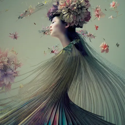 Prompt: 3 / 4 view of a beautiful girl wearing an origami dress, eye - level medium shot, fine floral ornaments in cloth and hair, hummingbirds, elegant, by eiko ishioka, givenchy, craig mullins, by peter mohrbacher, centered, fresh colors, origami, fashion, detailed illustration, vogue, high depth of field, japanese, reallusion character creator