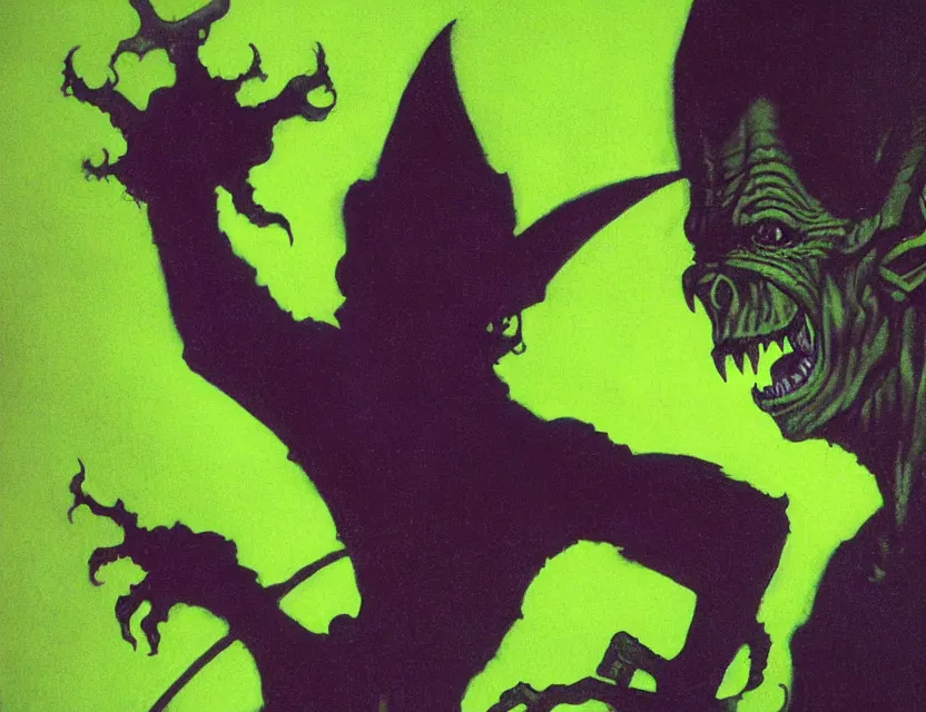 Prompt: a close - up view portrait of a silhouetted supernatural goblin in brutalist halls with metallic alien technology. close - up view, detailed textures. glowing green purple fog, dark black background. highly detailed fantasy science fiction painting by moebius, norman rockwell, frank frazetta, and syd mead. rich colors, high contrast