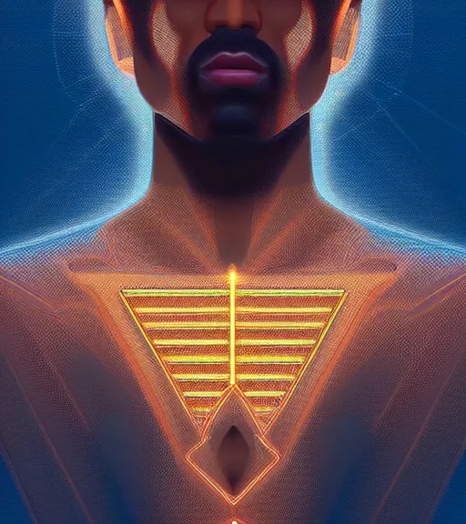 Image similar to symmetry!! egyptian prince of technology, solid cube of light, hard edges, product render retro - futuristic poster scifi, lasers and neon circuits, brown skin man egyptian prince, intricate, elegant, highly detailed, digital painting, artstation, concept art, smooth, sharp focus, illustration, dreamlike, art by artgerm