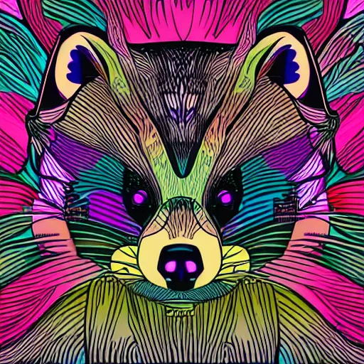 Prompt: portrait of hipster racoon, highly detailed, colorful, illustration, smooth and clean vector curves, no jagged lines