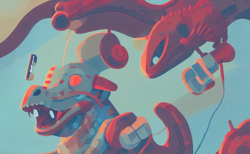 Prompt: close - up of a dragon wearing a radio in his neck, james gilleard, print, game art