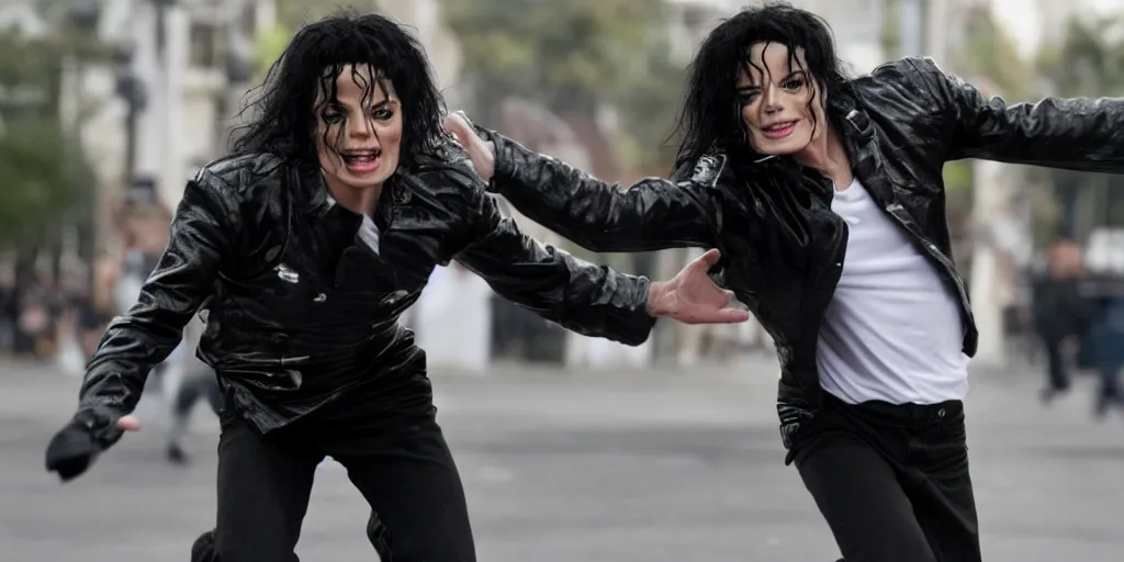 Image similar to leaked photo of Michael Jackson running down street, ultra realistic, 4K, movie still, UHD, sharp, detailed, cinematic, render, modern