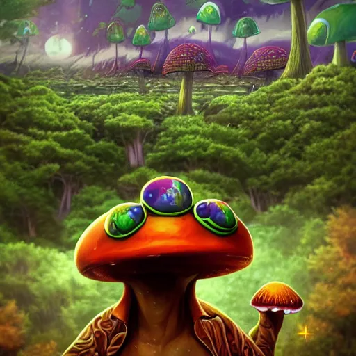 Image similar to A close up portrait of a dignified psychedelic godlike anthropomorphic frog smoking an anime blunt , magic mushroom village in background . award winning. superb resolution. in the art style of junji Ito and greg rutkowski . Detailed Mushroom city in background. Hyper realistic anime. Perfect art. Dalle2