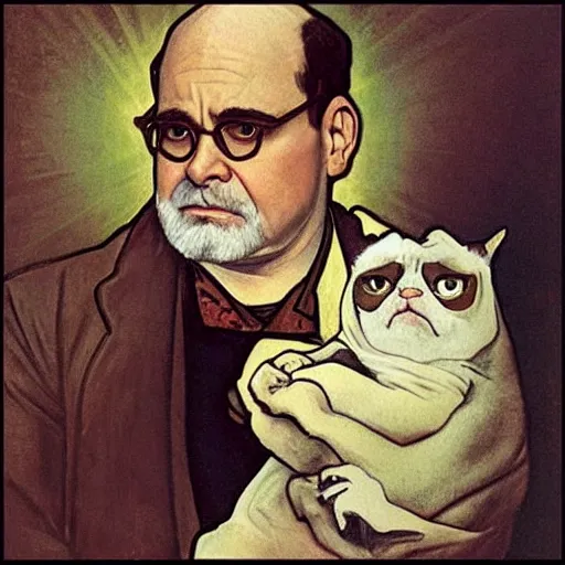 Prompt: “ george costanza from seinfeld holding grumpy cat above his head, holy light, art nouveau, by alphonse mucha ”