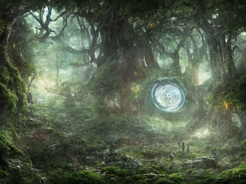 Prompt: an intricate realistic matte painting of an epic battle between a forest and technology at the center is a circular glowing bio-mechanical portal made of trees fighting mechanical and electrical parts