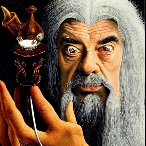 Prompt: A portrait of Mr. bean depicted as Gandalf, renaissance oil painting by Salvador Dali