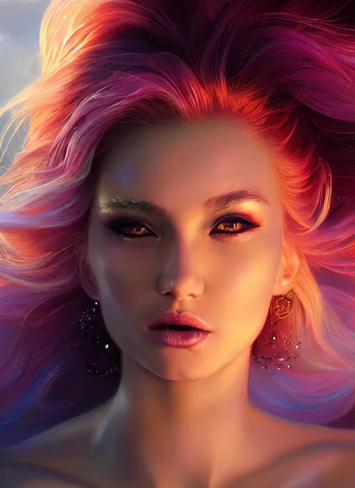 Image similar to girl with iridescent hair, beautiful highly detailed face, complementary lighting, backlit, eyeshadow, lipstick, divine, dramatic lighting, landscape background, beautiful painting by artgerm and greg rutkowski and raymond swanland