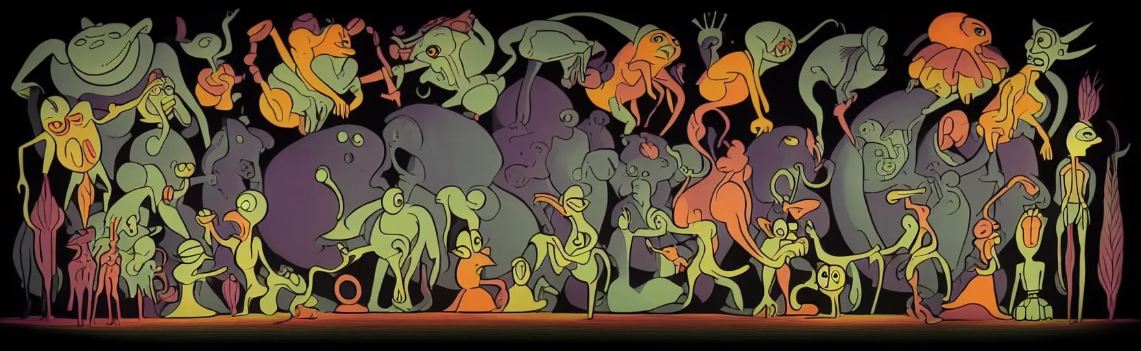 Image similar to whimsical creatures from the depths of the collective unconscious, dramatic lighting, surreal dark 1 9 3 0 s fleischer cartoon characters