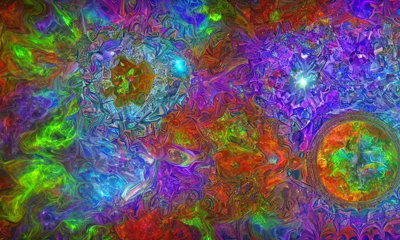 Image similar to voronoi engine laboratory 3 d volume kaleidoscope mandala fractal chakra digital multicolor stylized concept substance liquid nebula stone, a spectacular view cinematic rays of sunlight comic book illustration, by john kirby radiating a glowing aura global illumination ray tracing hdr depth fog overlay multiply photoshop layer