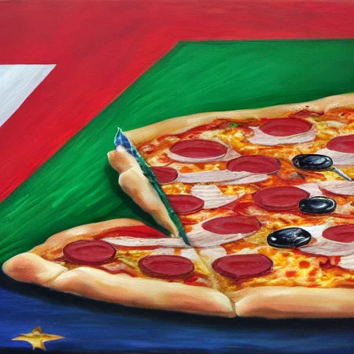 Prompt: ' electoral ballot with italian flags and a slice of pizza. oil painting'