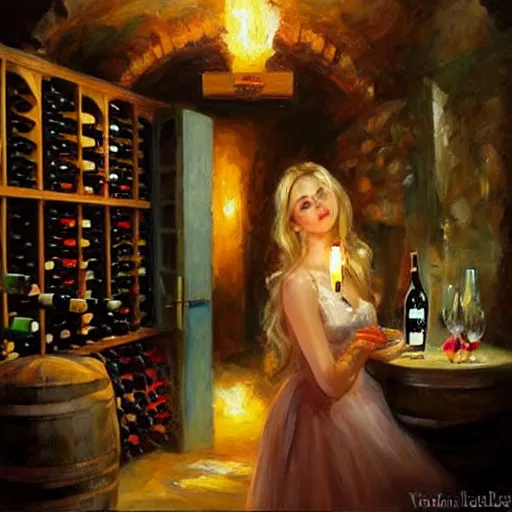 Image similar to wine cellar full of food, torches on the wall, schnapps!, romantic, inviting, cozy, blonde woman, painting Vladimir Volegov