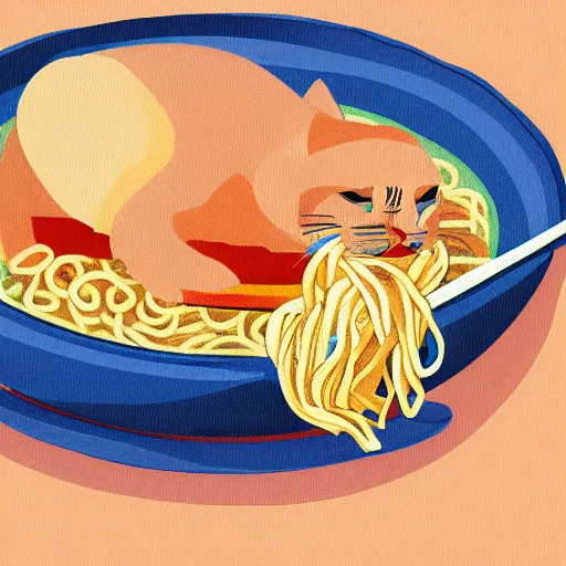 Image similar to fat cat eating noodles on toast, digital art