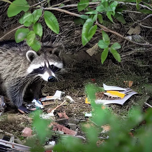 Image similar to green - tinted night vision footage of a family of raccoon digging through a gigantic mound of trash and papers and junk