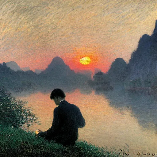 Image similar to a young man in guilin, by caspar david friedrich, by claude monet, mist, sunrise