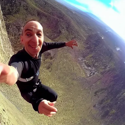 Prompt: GoPro video of Mr Bean base jumping close-up selfie