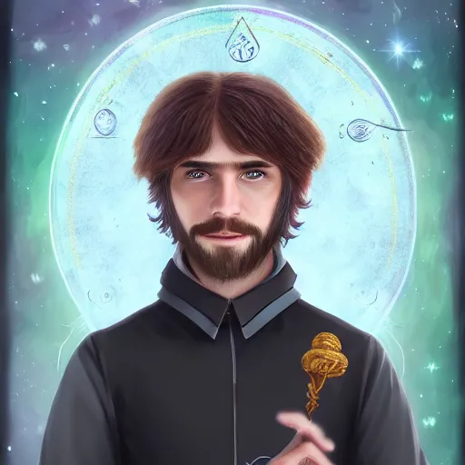 Prompt: a young, well-to-do wizard in fine attire with astrological embroidery. portrait, shaggy haircut, 8k resolution, full-length portrait, digital painting, fantasy illustration, D&D character art