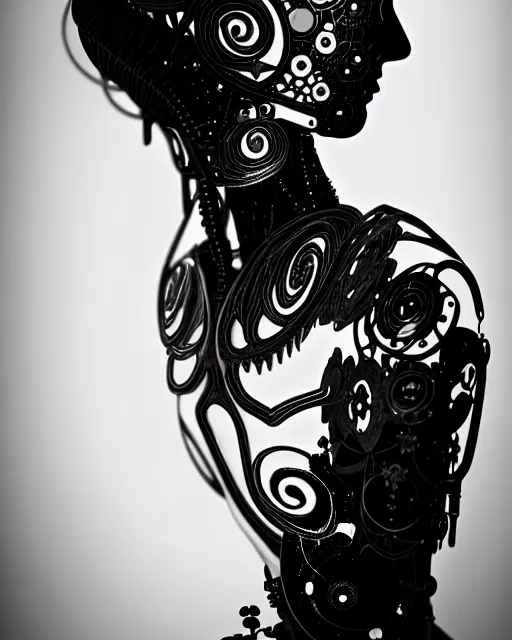 Image similar to black and white dreamy foggy poetic smoky profile face portrait, one silver steampunk realistic eye biomechanical beautiful angelic young female cyclope - cyborg - robot bust, body ribs meshes,, volumetric light, hibiscus flowers, by dora maar, rim light, big gothic fashion pearl embroidered collar, 8 k