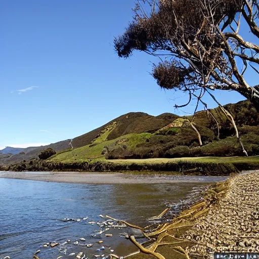 Prompt: From this bay the course by boat into the Hutt River, and up the branches into which it divides, was most interesting and picturesque. A pa stood at the mouth of the river on the eastern side, with large warcanoes drawn up on the beach, while at the hill-foot were tall stages, from which hung great quantities of fish in the process of sun-drying. New Zealand, 1840s, Māori. Sunrise. Film photo.