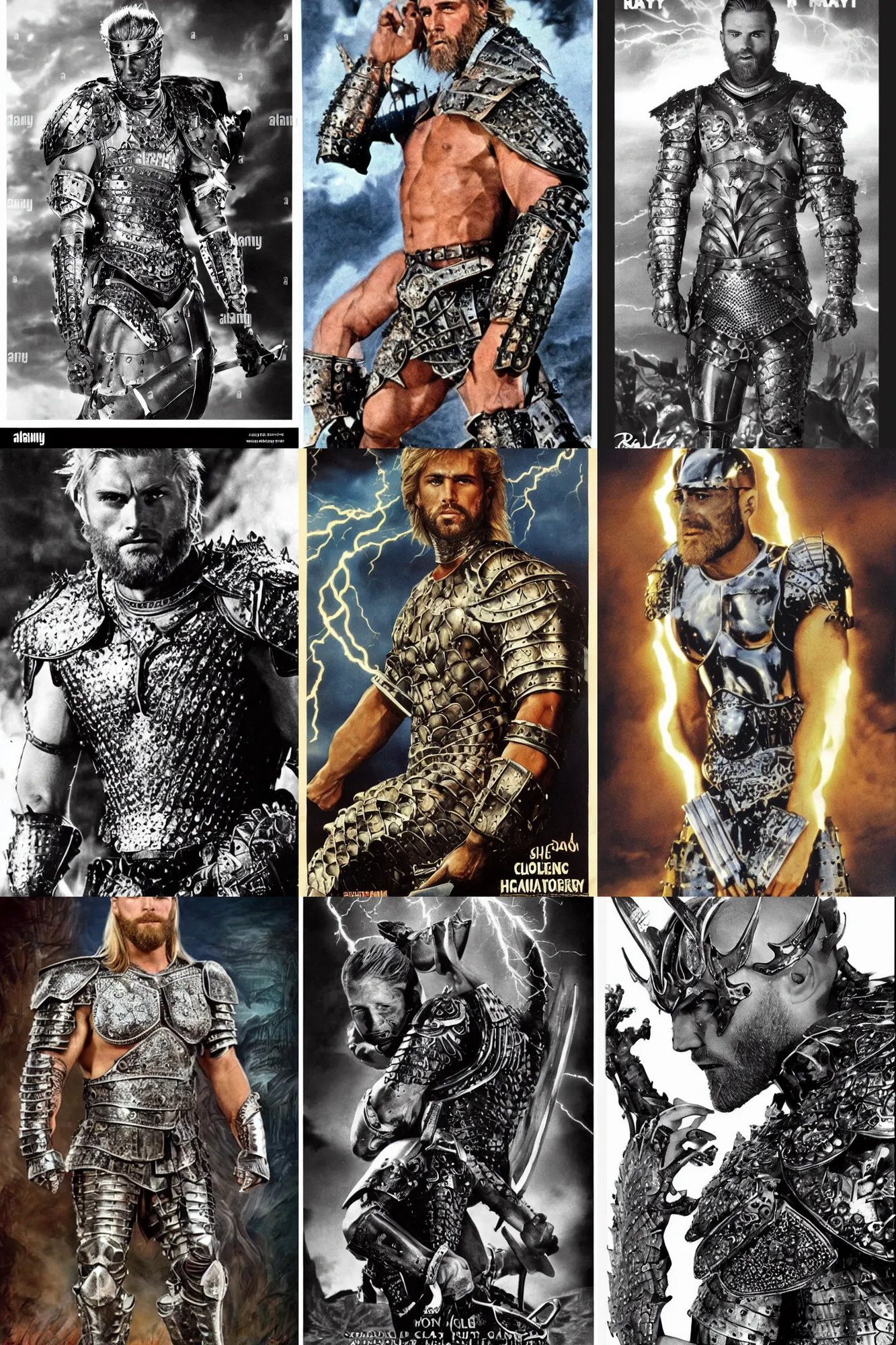 Prompt: heavily scarred gigachad with slick blonde beard, straight short hair, huge glistening muscles, many scars, wearing intricate silver armour. cinematic lightning. ray harryhausen movie poster.