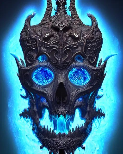 Image similar to 3 d ornate carved lich king with tattoos profile portrait, sigma 5 0 0 mm f / 5. beautiful intricate highly detailed quetzalcoatl skull. bioluminescent, plasma, lava, ice, water, wind, creature, thunderstorm! artwork by tooth wu and wlop and beeple and greg rutkowski, 8 k trending on artstation