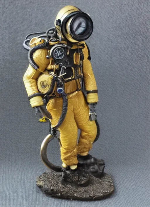 Prompt: 80mm resin detailed miniature of a Diver, diving suit, steampunk, helmet, boots, symbol, textured base; Miniature Product Photos, 4K, view from front