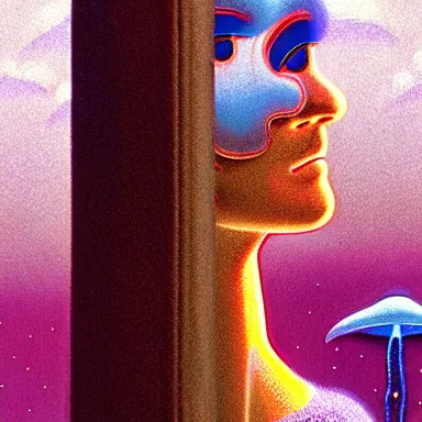 Image similar to close up portrait of a man and woman having fun with lsd and magic mushrooms by kawase hasui, moebius, Edward Hopper and James Gilleard, Zdzislaw Beksinski, Steven Outram, 8k, volumetric lighting, artstation